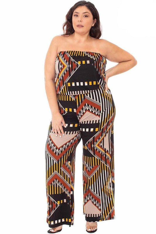 Abstract Print Tube Top Plus Size Jumpsuit