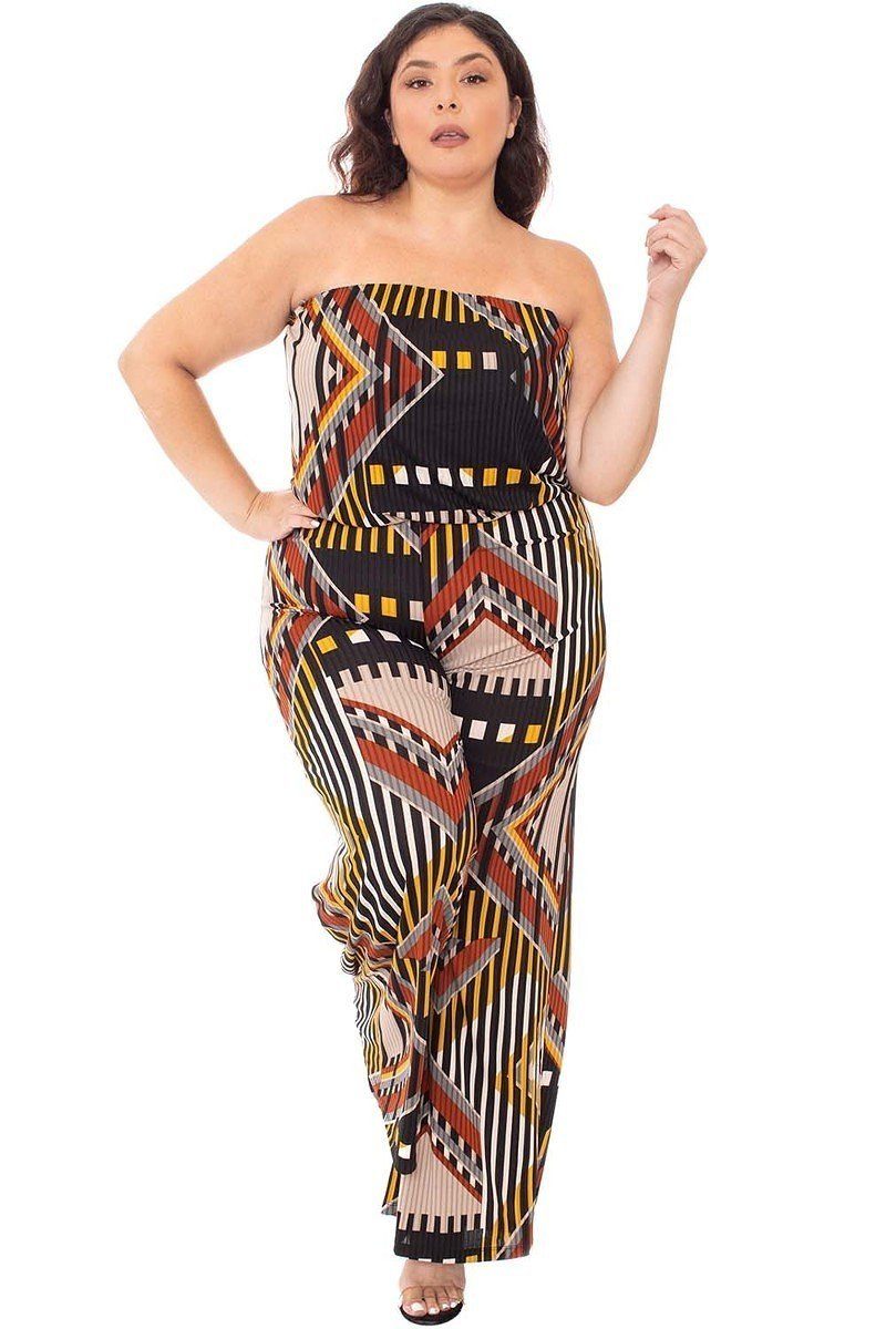 Abstract Print Tube Top Plus Size Jumpsuit