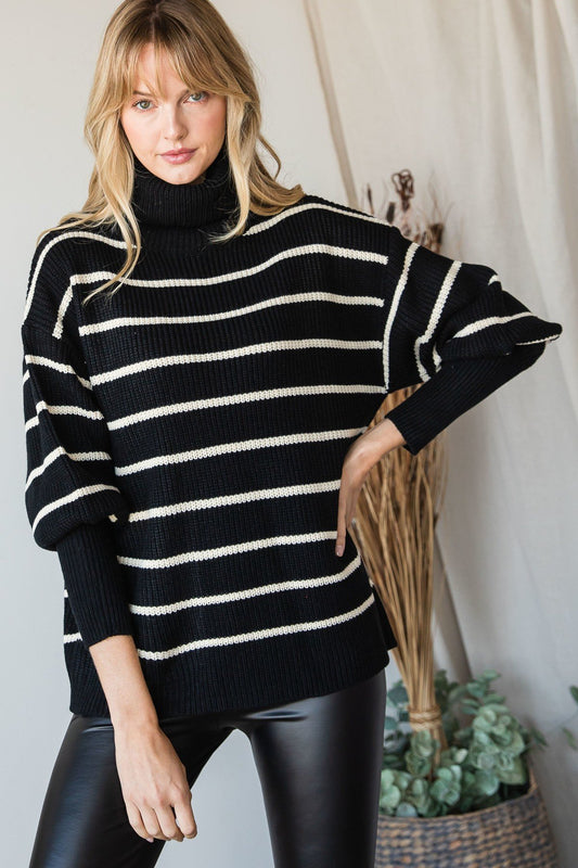 Heavy Knit Striped Turtle Neck Sweater