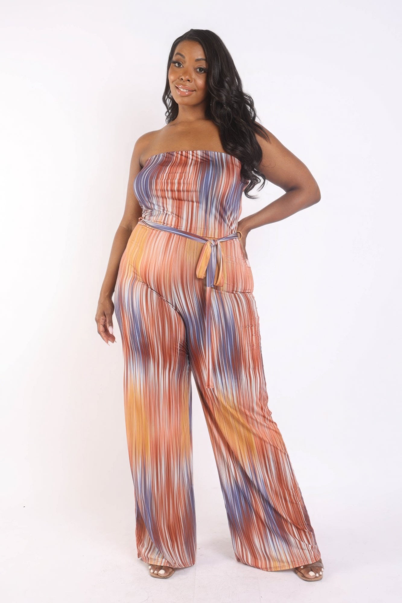 Printed Tube Jumpsuit With Self -Tie Belt