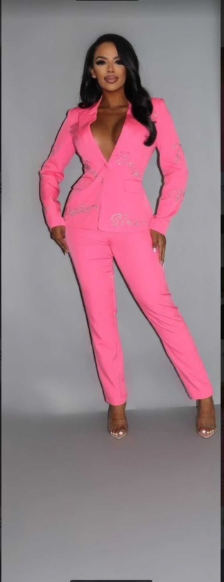 2 Piece Powersuit Blazer & Pants Set With Rhinestone Letterings Blazer