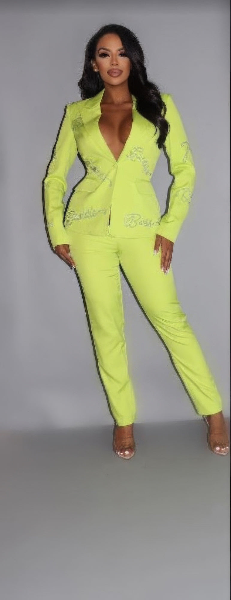 2 Piece Powersuit Blazer & Pants Set With Rhinestone Letterings Blazer