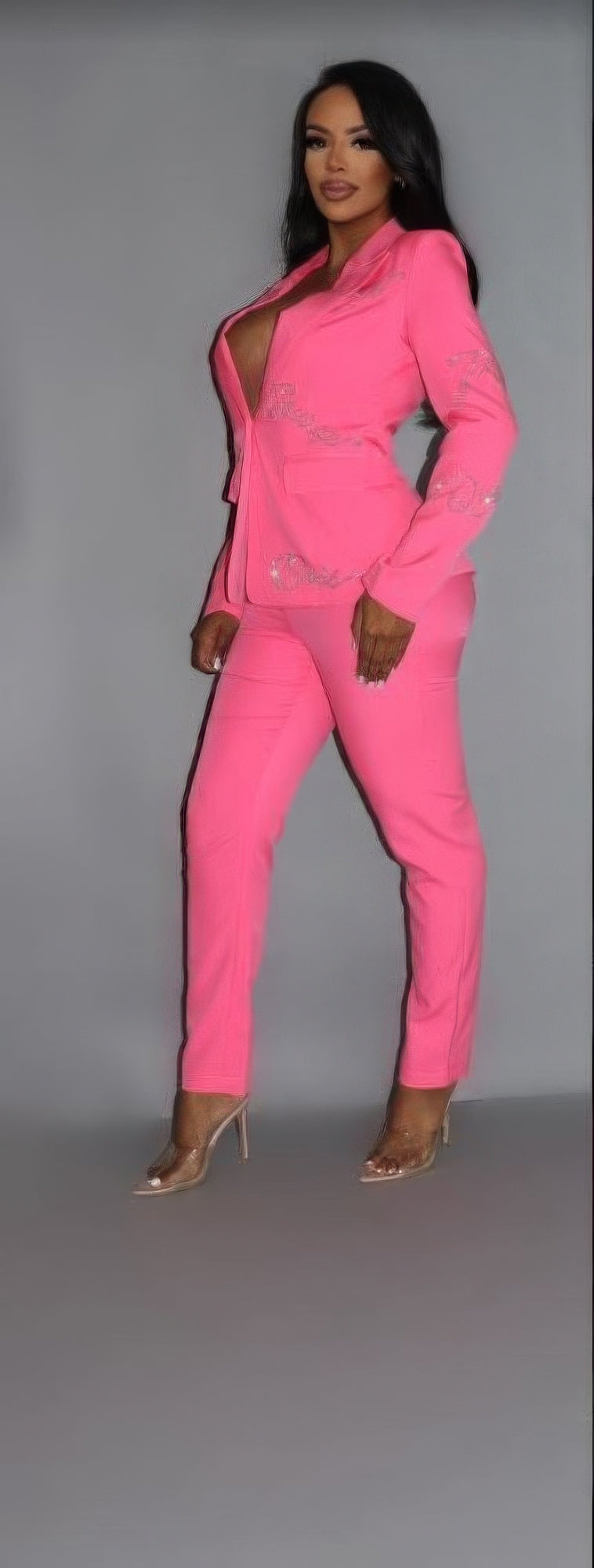 2 Piece Powersuit Blazer & Pants Set With Rhinestone Letterings Blazer