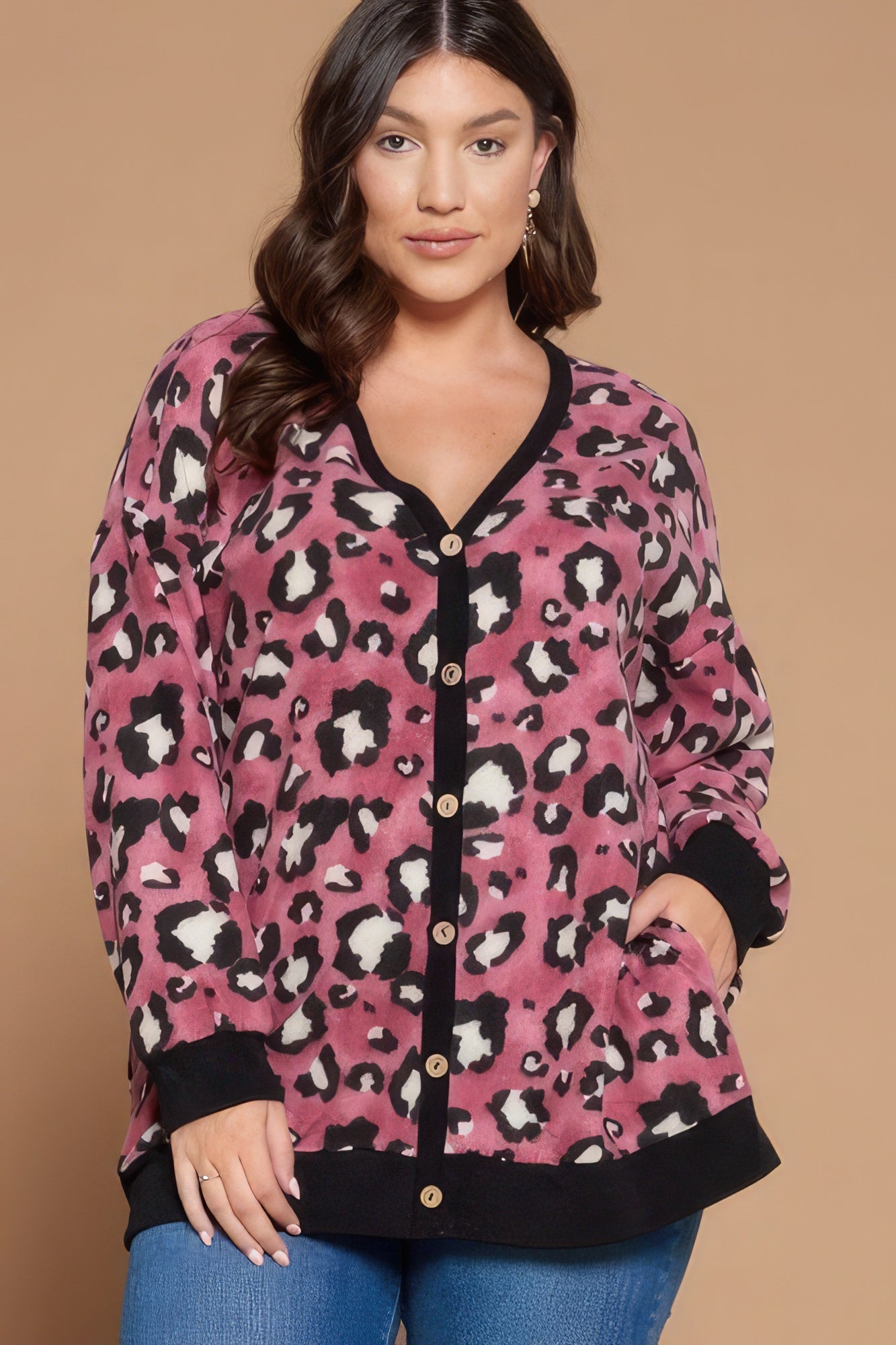 Plus Size Cozy Animal Print Button Up Cardigan