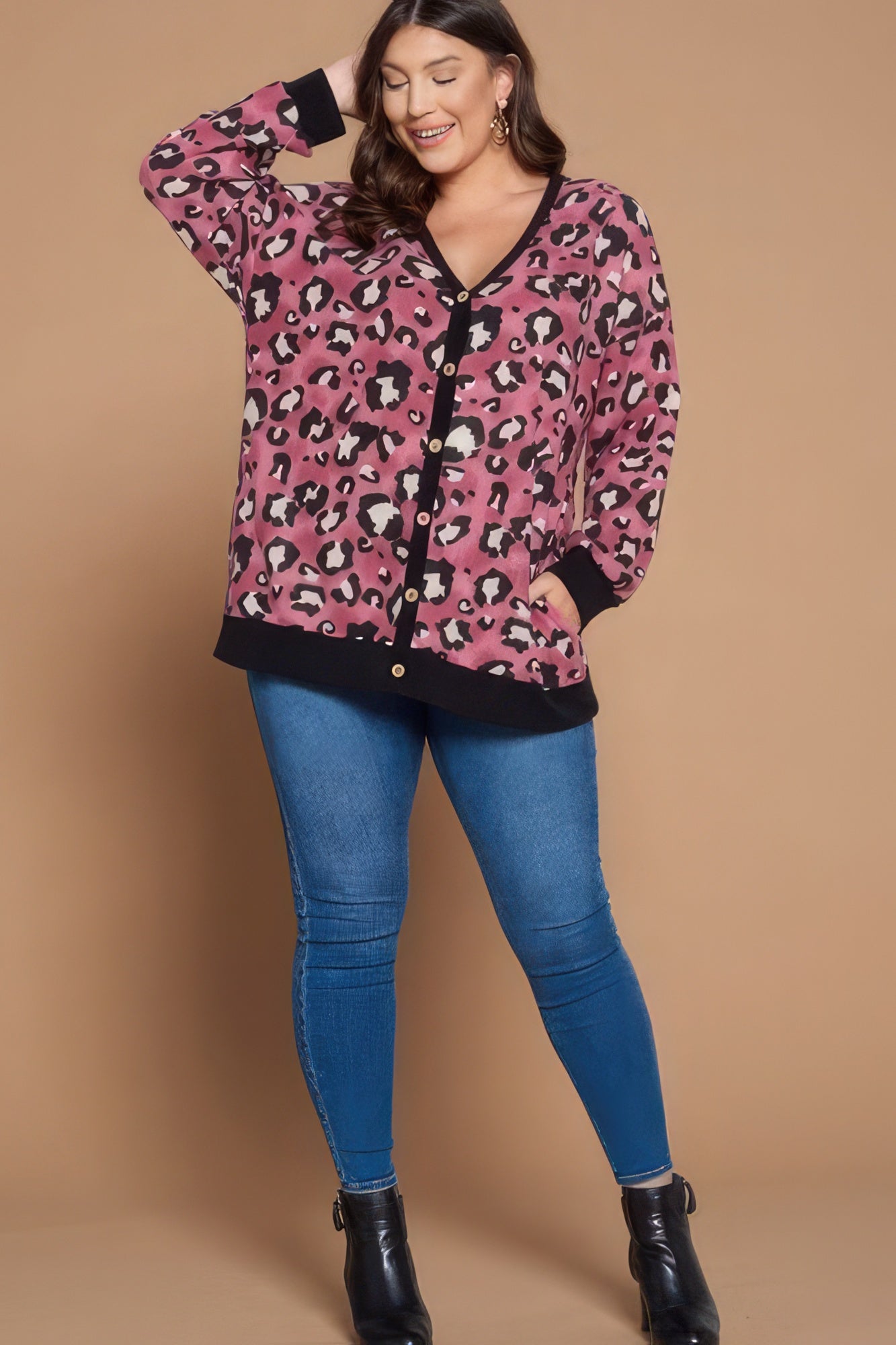 Plus Size Cozy Animal Print Button Up Cardigan