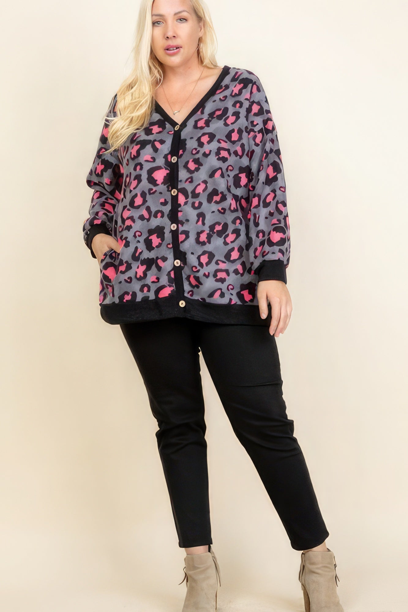 Plus Size Cozy Animal Print Button Up Cardigan