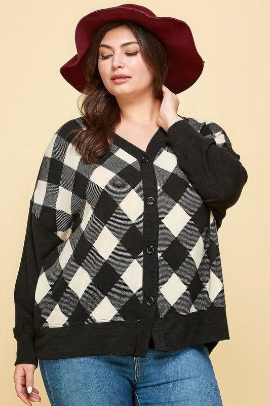 Plaid Knit Button Up Oversize Cardigan