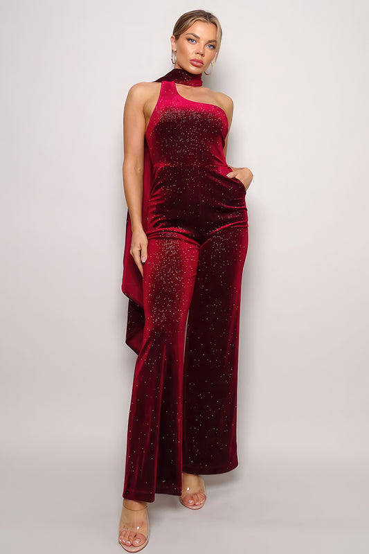 Glitter Velvet Jumpsuit w/Scarf