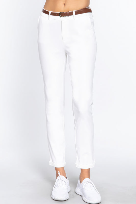 Cotton-Spandex Twill Belted Long Pants