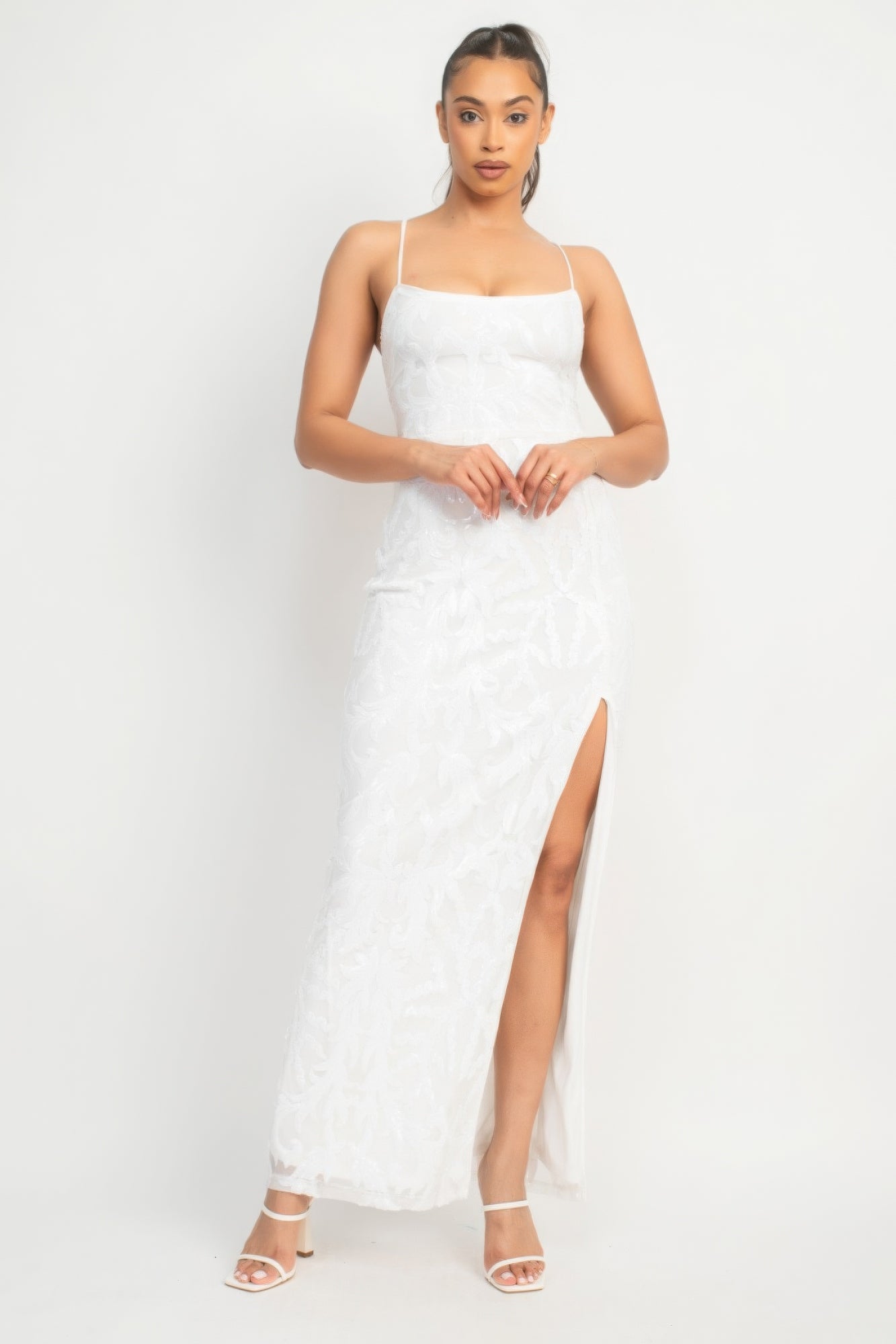 long white dress with slit| Show Me All The Things Shoppe	