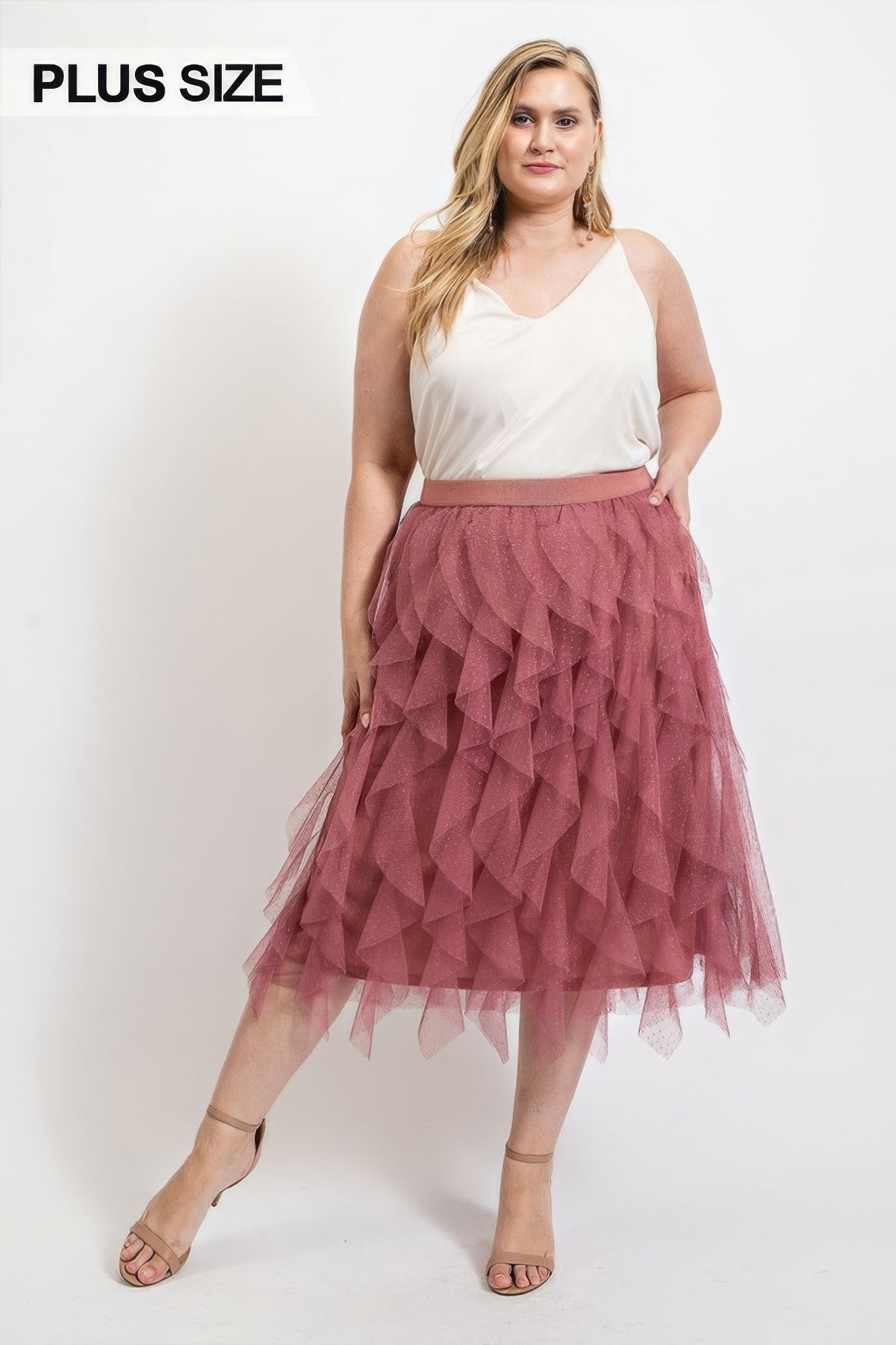 Ruffled Tulle Midi Skirt