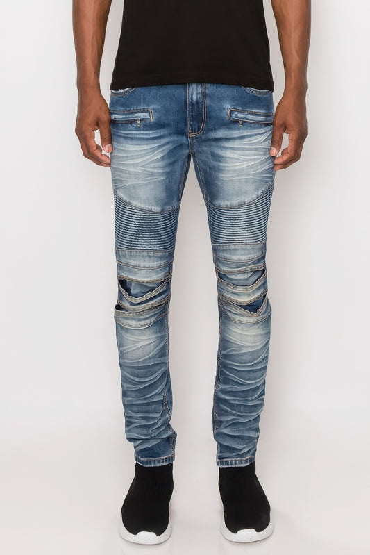 Men's Creased Biker Denim Jeans