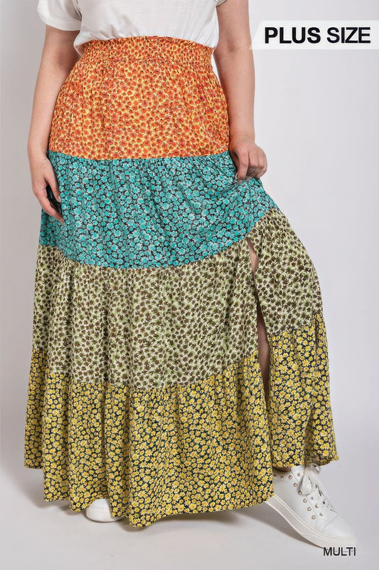 Floral Color Block Skirt with Front Slit