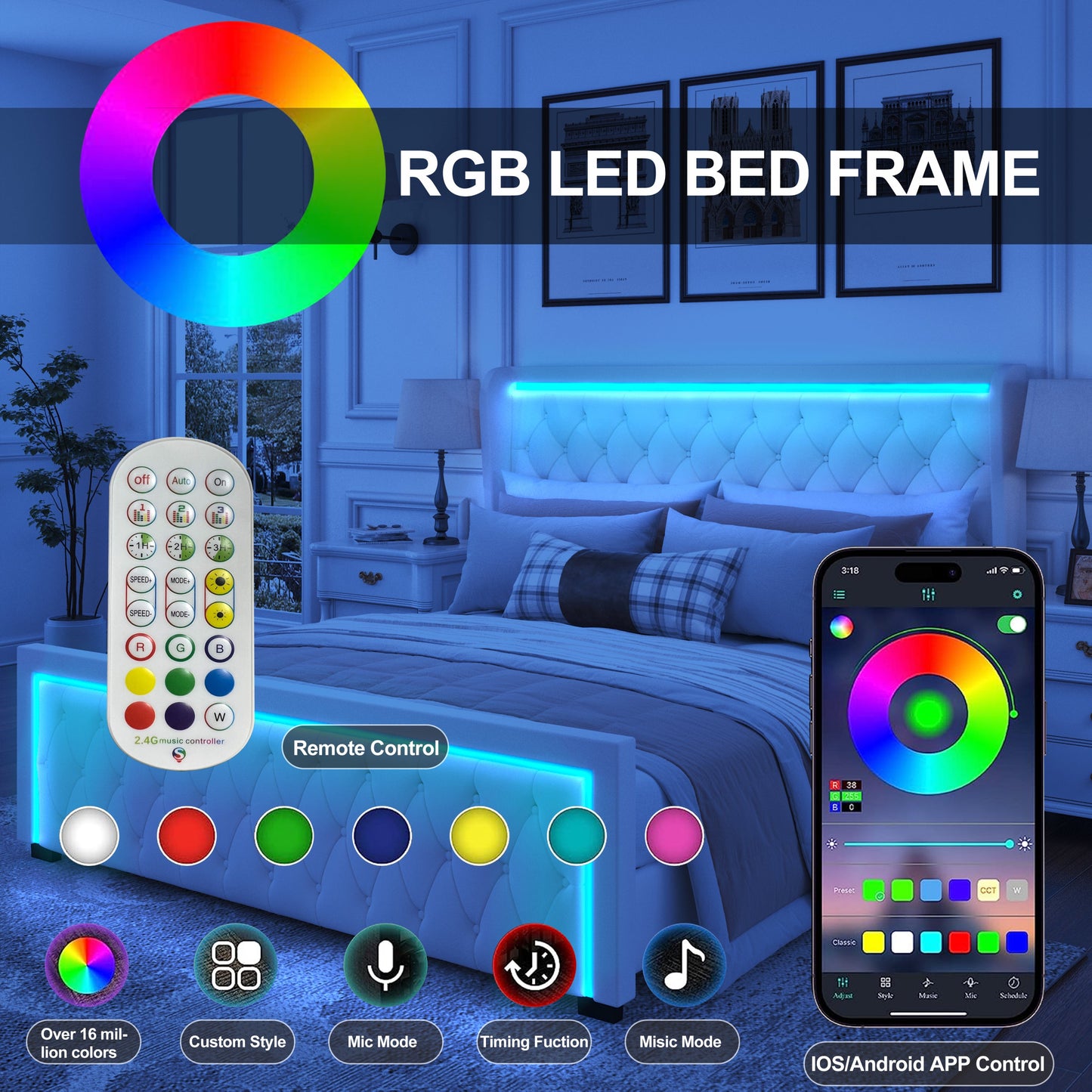 Adjustable Colorful LED Lighted Bed Frame